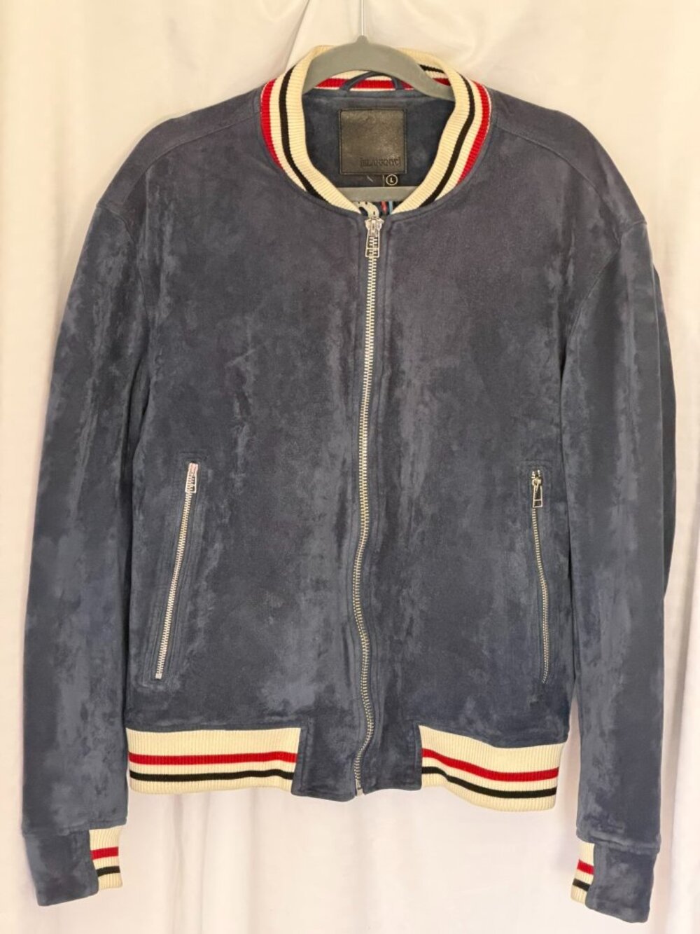 BLANKNYC Men's Faux Suede Bomber Jacket Slate Blue Varsity Striped Trim Large